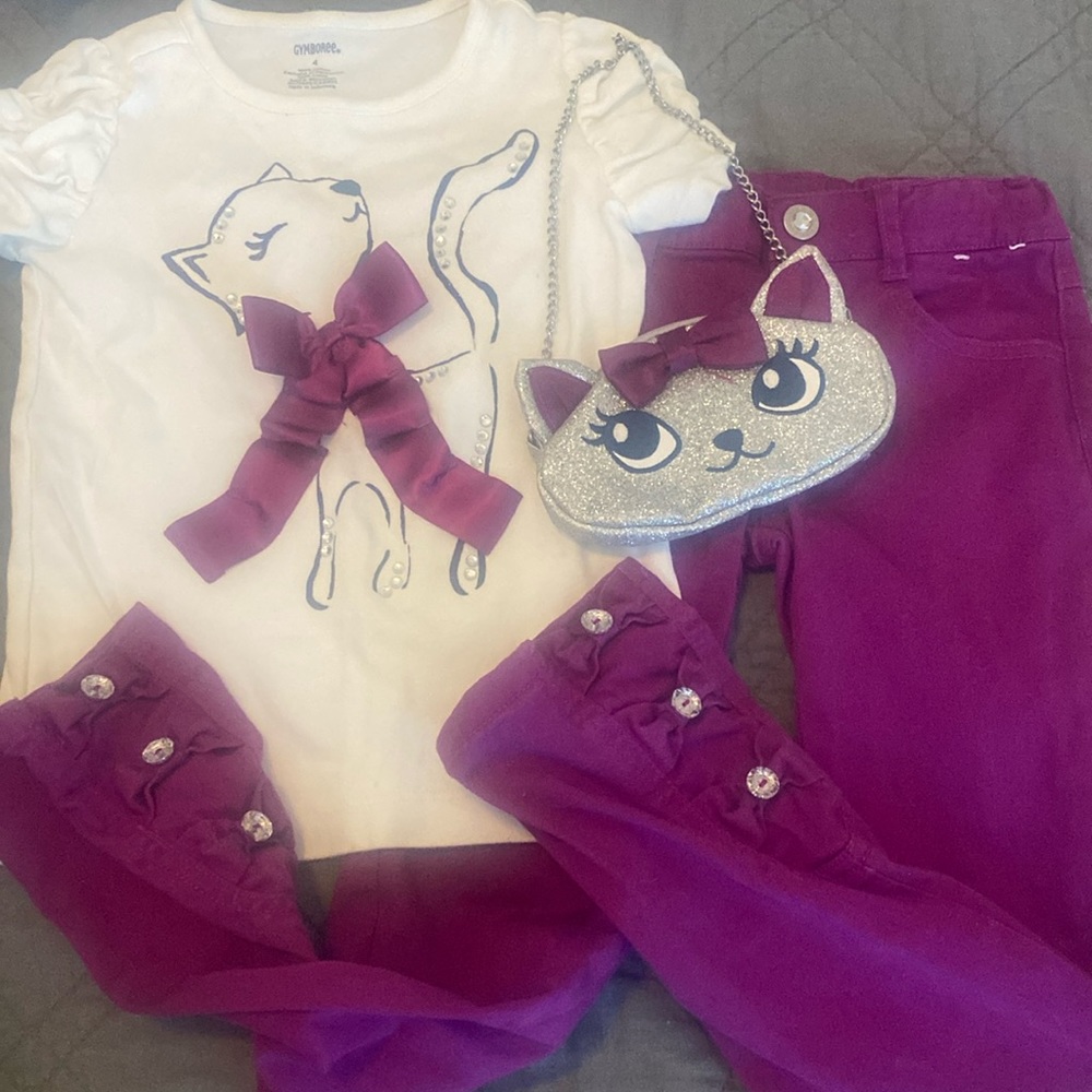 Girls Gymboree Cat Outfit 4 6 pants shirt purse glitter purple white